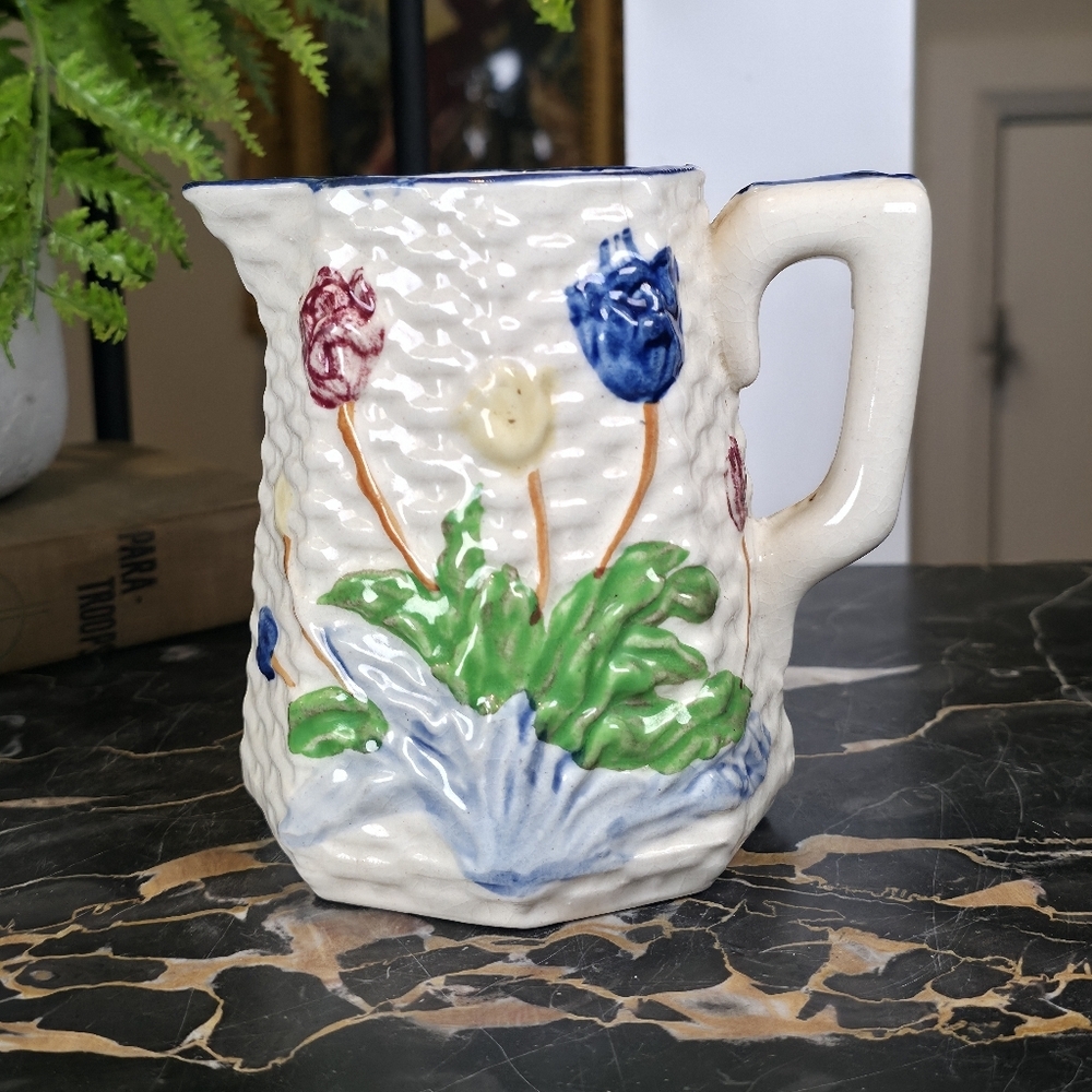 Vintage Tulip Creamer Pitcher 4.5" Basketweave Ceramic Made in Japan